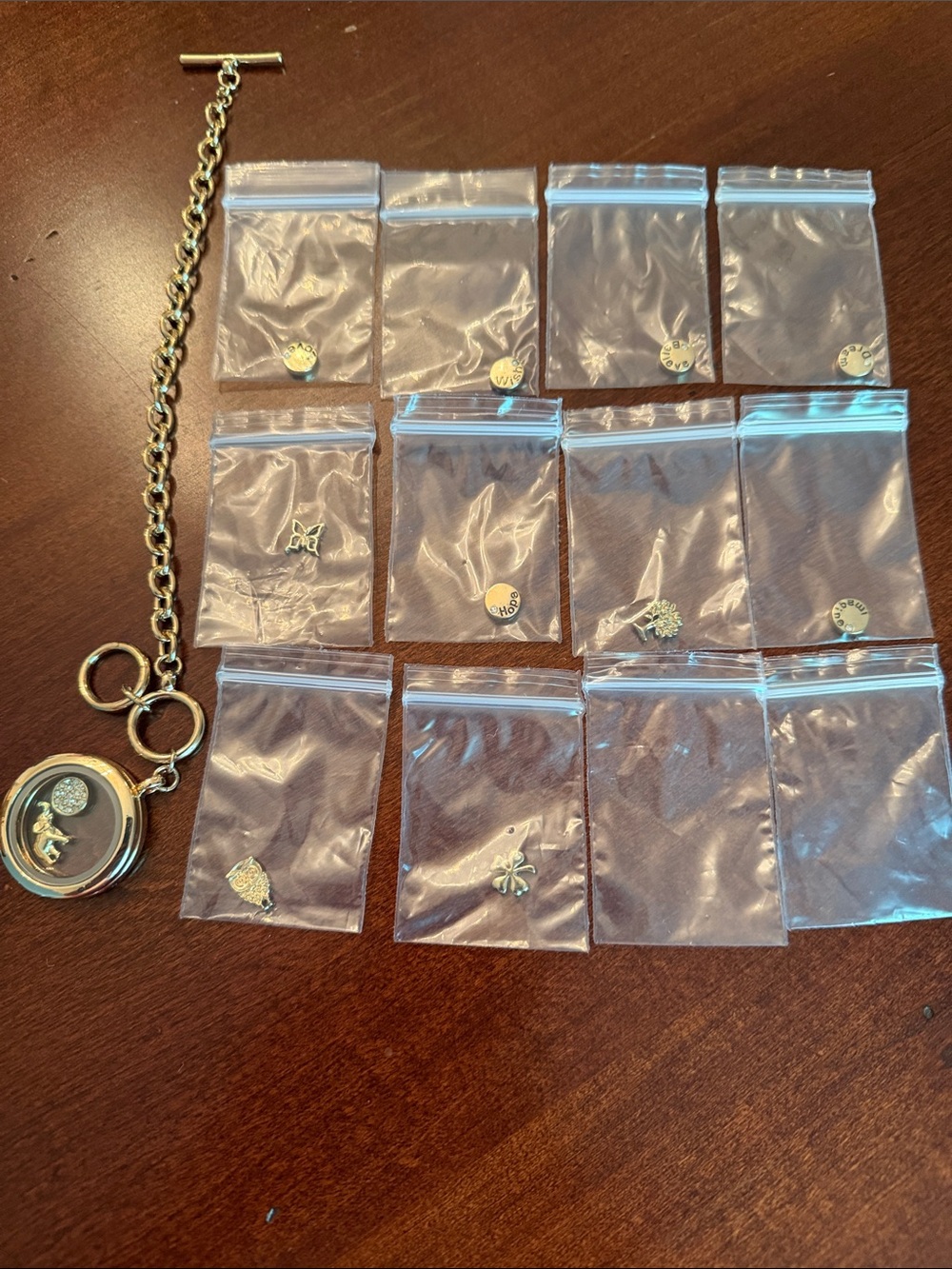 Gold Floating Locket Charm Bracelet with Assorted Silver Charms